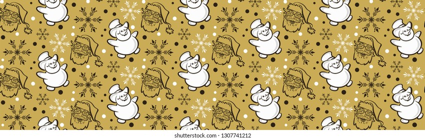 Christmas seamless pattern with a snowman, Santa Claus and snowflakes. Vector graphics