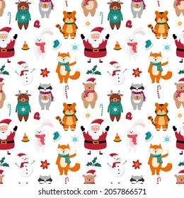 Christmas seamless pattern with snowman, Santa Claus and cute animals on white background