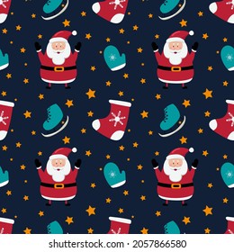 Christmas seamless pattern with snowman, Santa Claus and socks and skates on blue background