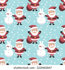 Navidad sin fisuras con muñeco de nieve, santa claus y copos de nieve. Puede utilizarse para tejidos, papel de embalaje, rayado, textil, póster, banner y otros diseños de navidad. Estilo plano. EPS