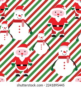 Christmas seamless pattern with snowman, santa claus, on green and red background. Perfect for wallpaper packaging paper, cover, fabric and etc.