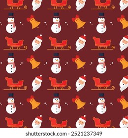 Christmas seamless pattern with snowman, santa claus, sleigh and bell. Vector illustration.