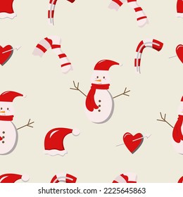 Christmas Seamless Pattern with snowman, scarf, santa hat, candy, heart with arrow, easy to edit

