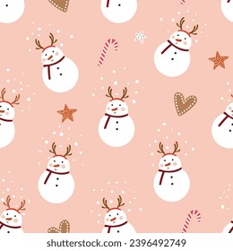 Christmas seamless pattern with snowman and seasonal elements, winter background, seasonal paper gift