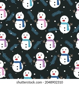 Christmas seamless pattern with snowman, snow and pine leaves on black background,christmas vector illustration.