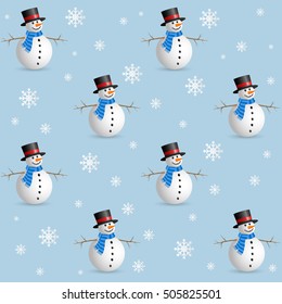Christmas seamless pattern with snowman and snow flakes on blue background. Vector illustration.