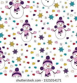 Christmas seamless pattern with snowman, and snowflakes. 
