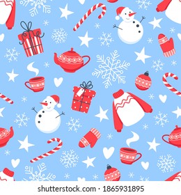 Christmas seamless pattern  with snowman, snowflakes and new year candies on blue background