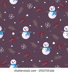 Christmas seamless pattern with snowman, snowflakes, snow, pine leaves and berries on purple background,christmas vector illustration.