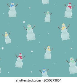 Navidad sin costuras con muñecos de nieve y copos de nieve. plano, vector, perfecto para papel de pared, papel de envoltura, rellenos de patrones, saludos de invierno, fondo de página web, tarjetas de felicitación navideñas de Año Nuevo