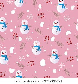 Christmas seamless pattern with snowman, snowflakes, snow, pine leaves and berries on pink background,christmas vector illustration.