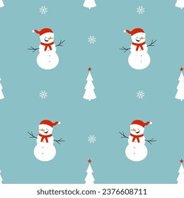 Christmas seamless pattern with snowman, snowflakes and christmas tree 