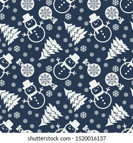 Christmas seamless pattern with Snowman and Christmas tree. Vector illustration
