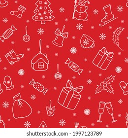 Christmas seamless pattern with snowman, christmas tree, candies, gifts, snowflakes. Doodle style. New Year template for winter decoration, fabric, textile, wrapping paper, wallpaper.