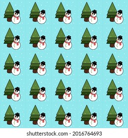Christmas seamless pattern with snowman and christmas tree