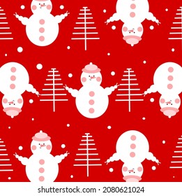 Christmas seamless pattern with snowman and tree design with red and white color for vector illustration,wallpaper winter greetings,background,Christmas cards,textile and decor.
