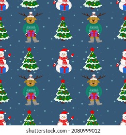 Christmas seamless pattern with snowman, Christmas tree, deer with gifts on a blue background. Winter pattern for wrapping paper and packaging, Christmas cards, web page background.