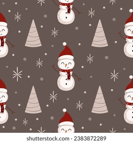 Christmas seamless pattern with snowman, christmas tree and snowflakes. Perfect for Christmas paper, fabric and gift designs.