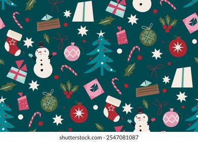 Weihnachten Nahtloses Muster mit einem Schneemann, Weihnachtsbaum und Dekoration. Eingeschränkte Farbpalette, geeignet für jede Art von Druckdesign