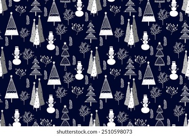 Patrón de Navidad sin fisuras con muñeco de nieve, árboles de Navidad, estrellas y copos de nieve.	