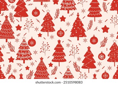 Christmas seamless pattern with snowman, christmas trees, stars and snowflakes. Christmas design for fabric, cotton, wallpaper, gift wrap, backgrounds.	