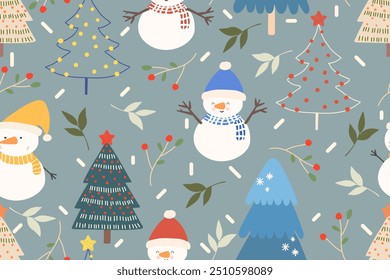 christmas seamless pattern with snowman, christmas trees, stars and snowflakes.	