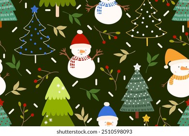 christmas seamless pattern with snowman, christmas trees, stars and snowflakes.	