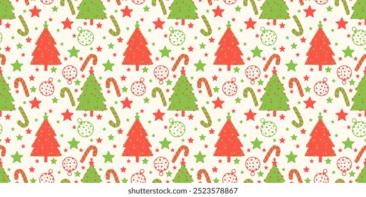 Christmas seamless pattern with snowman, christmas trees, stars and snowflakes. Christmas design for fabric, cotton, wallpaper, gift wrap, backgrounds.