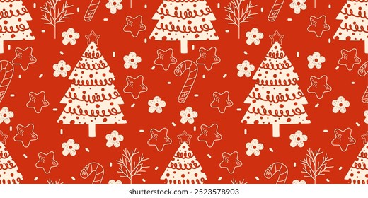 Christmas seamless pattern with snowman, christmas trees, stars and snowflakes. Christmas design for fabric, cotton, wallpaper, gift wrap, backgrounds.