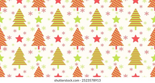 Christmas seamless pattern with snowman, christmas trees, stars and snowflakes. Christmas design for fabric, cotton, wallpaper, gift wrap, backgrounds.