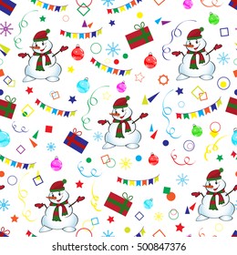 Christmas seamless pattern with snowman. For web page background, wallpaper, wrapping paper, pattern fills. Christmas and New Year greeting cards. Vector illustration.