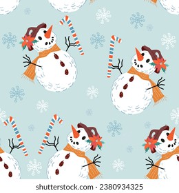 Christmas seamless pattern with snowman. Winter pattern for wrapping paper, fabric and Christmas and New Year designs, flat vector illustration.
