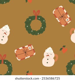 Christmas seamless pattern with snowman and wreath. Vector illustration.