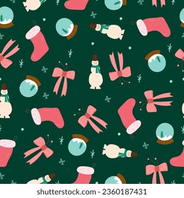 Christmas seamless pattern with snowmen, bows, gift socks and snow glass balls on a green background