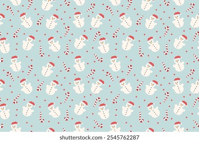 Navidades sin patrón de muñecos de nieve y bastones de caramelo sobre fondo azul. Navidades de papel de regalo.