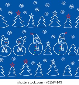 Christmas seamless pattern with snowmen, fir tree and snowflakes. Happy New Year 2018. Wrapping paper.  Doodles, sketch for your design. Vector.