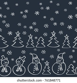 Christmas seamless pattern with snowmen, fir tree and snowflakes for wrapping paper, textile, wallpapers, gift wrap and scrapbook. Happy New Year 2018.  Doodles, sketch for your design. Vector.