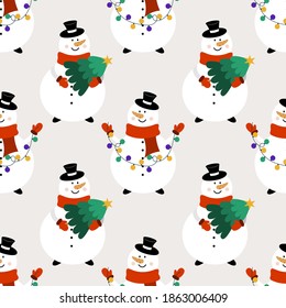Christmas seamless pattern with Snowmen. Flat vector background with snowmen in cartoon style.