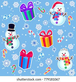 Christmas seamless pattern with snowmen, gifts, candy canes and snowflakes. Colorful winter cartoon background. New year vector illustration.