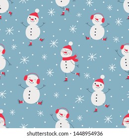 Christmas seamless pattern with snowmen ice skater and snowflakes.