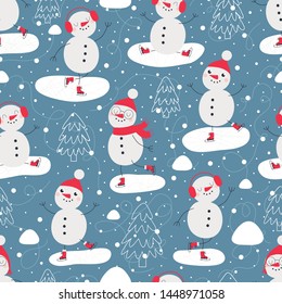 Christmas seamless pattern with snowmen ice skater.
