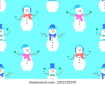 Christmas seamless pattern with snowmen made from three snowballs. A snowman with a carrot instead of a nose, wearing a scarf and mittens, and a Santa Claus hat on his head. Vector illustration