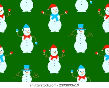 Weihnachten nahtloses Muster mit Schneemännern aus drei Schneebällen. Ein Schneemann mit Karotte statt Nase, der einen Schal und Fingerhut trägt, und ein Weihnachtsmütze auf dem Kopf. Vektorgrafik