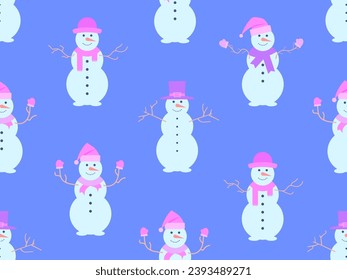 Christmas seamless pattern with snowmen made from three snowballs. A snowman with a carrot instead of a nose, wearing a scarf and mittens, and a Santa Claus hat on his head. Vector illustration