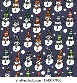 Christmas seamless pattern with snowmen on dark background