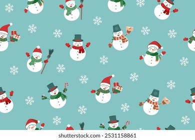 Christmas seamless pattern of Snowmen on blue background. Christmas paper.