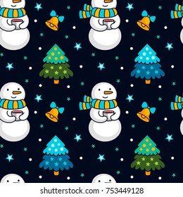 Christmas seamless pattern with snowmen on dark background. Vector illustration.