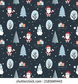 Navidad sin fisuras con hombres de nieve, Santa Claus, árboles y copos de nieve. Puede utilizarse para tejidos, papel de embalaje, rayado, textil, póster, banner y otros diseños de navidad. Estilo plano.