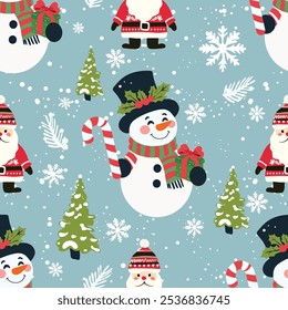 Christmas seamless pattern with snowmen, Santa, trees and snowflakes on a light blue background.