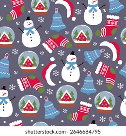Christmas seamless pattern with snowmen, Santa hat, stocking, snow globe, and bells. Holiday season celebration concept.
